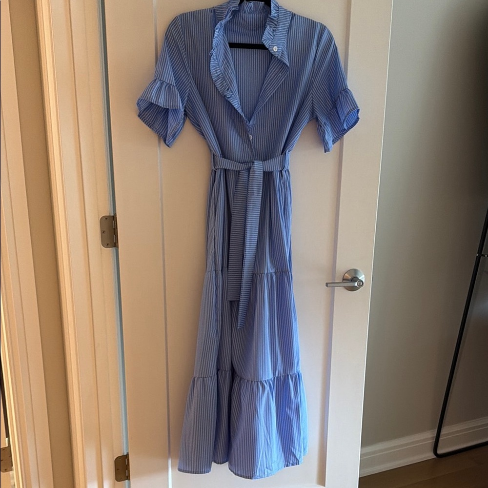 Blue Striped Tiered Maxi Dress with Belt